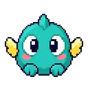 Round turquoise creature with big eyes and small yellow wings