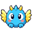 Blue creature with yellow horns and open yellow wings