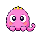 Pink creature with a small crown of yellow spikes and a curled tail