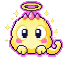 Yellow creature with a halo, pink spikes and stars shining around it