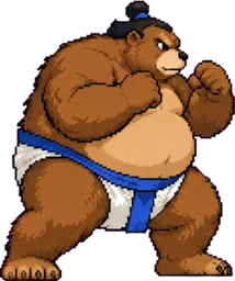 Kuma, urso lutador de sumô com faixa azul e coque no topo da cabeça, em guarda