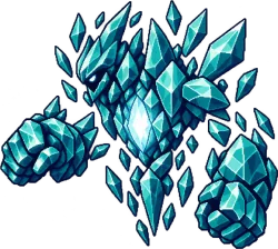 Guardião de Cristal, uma criatura de cristais azul-claros com punhos grandes e um núcleo brilhante